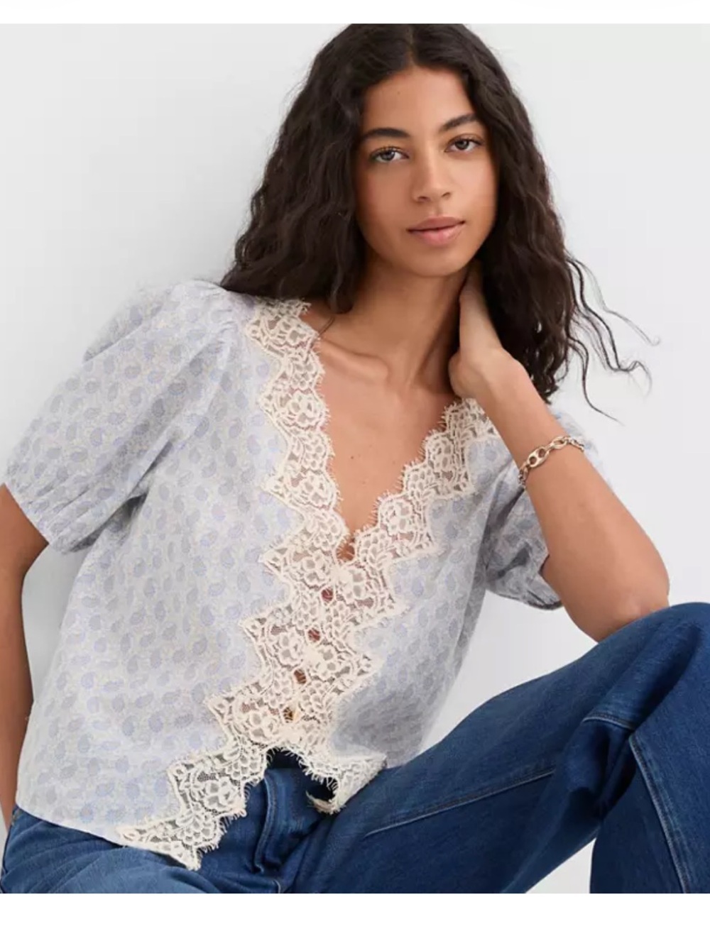 Loft Paisley Lace Blouse- Blue & Cream